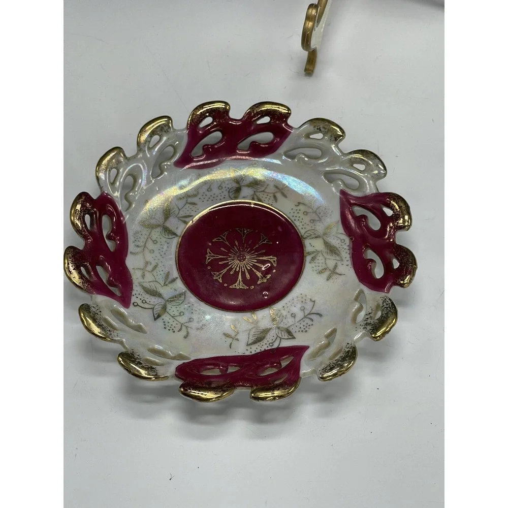 Vintage Lefton Saucer Plate 424 Lusterware Reticulated Ceramic Hand‎ Painted S2